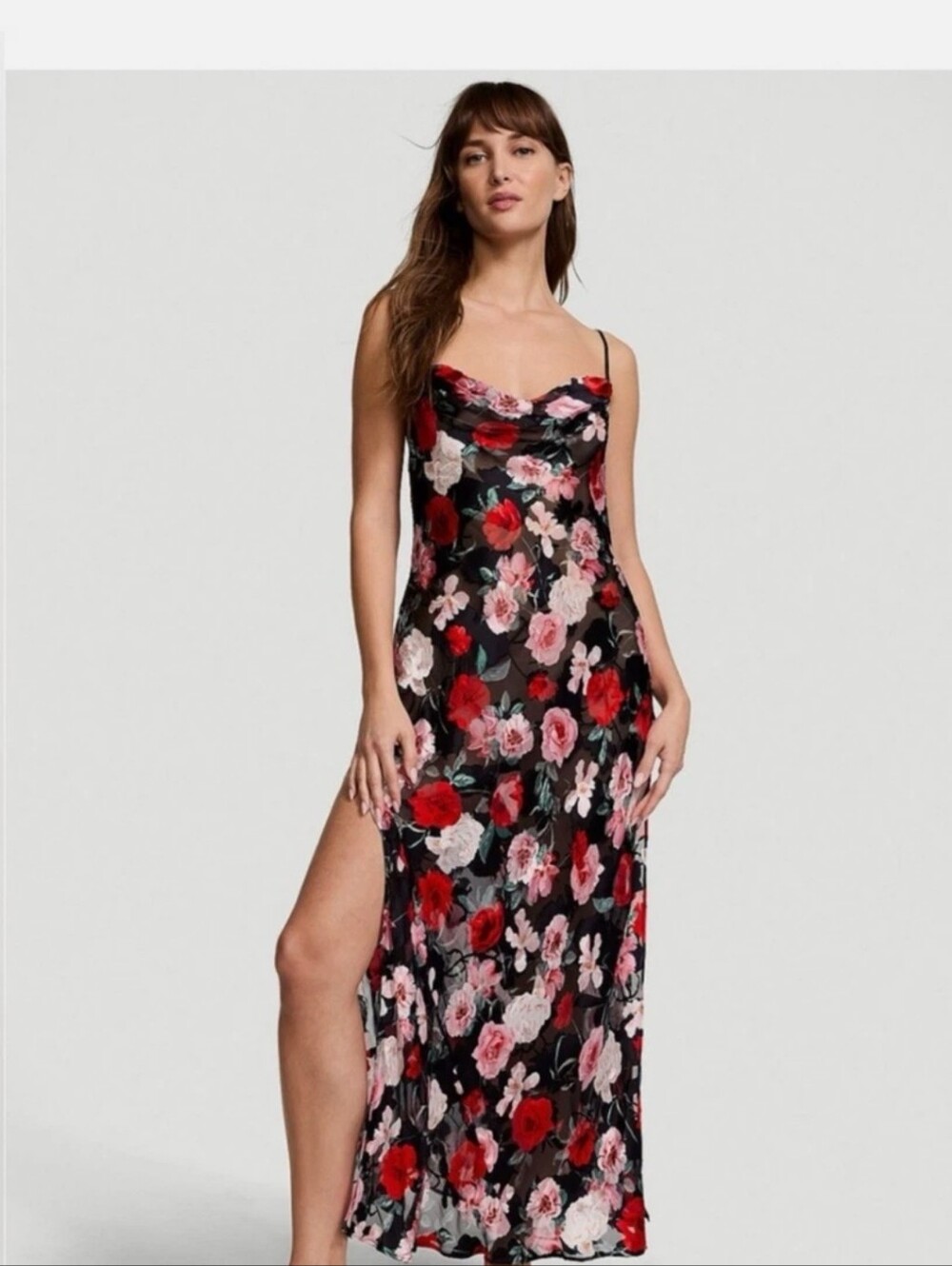 Victoria's Secret Black Floral Cowl Slip Dress with Red and Pink Blooms